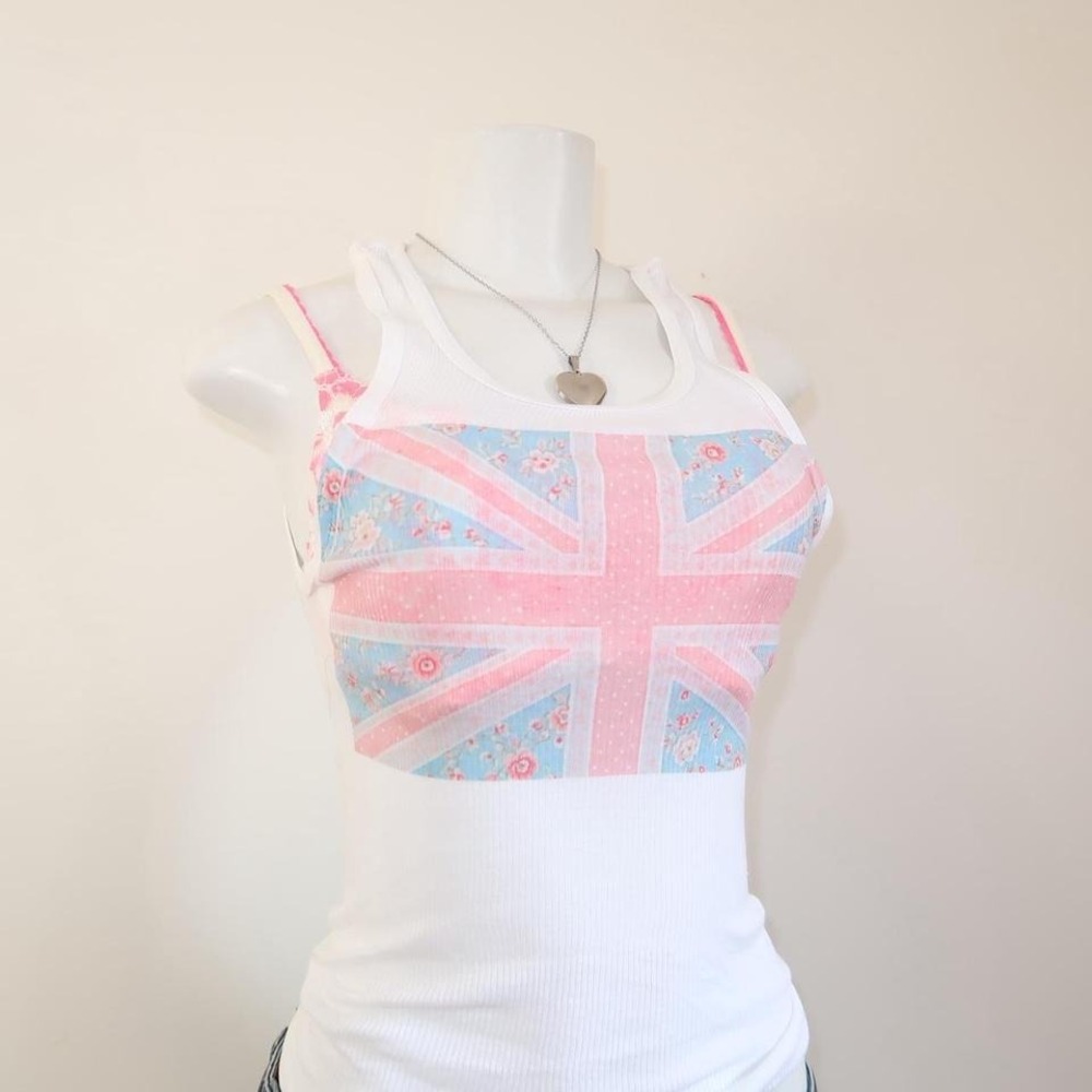 y2k union jack floral graphic tank top ribbed fitted cami - Picture 4 of 7